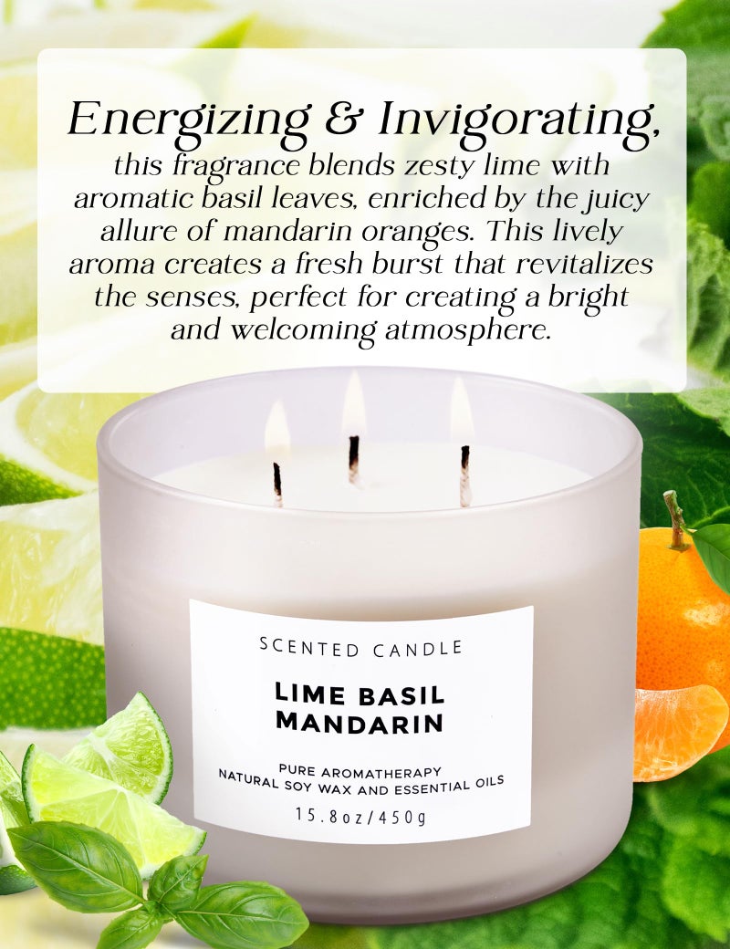 T H Lime Basil Mandarin Scented Candle - Large 3-Wick Soy Candle, 15.8 oz - Fresh Citrus Aromatherapy Candle - Long-Lasting Clean Burn - Stress Relief Candles - Gift for Women & Men - Image 2