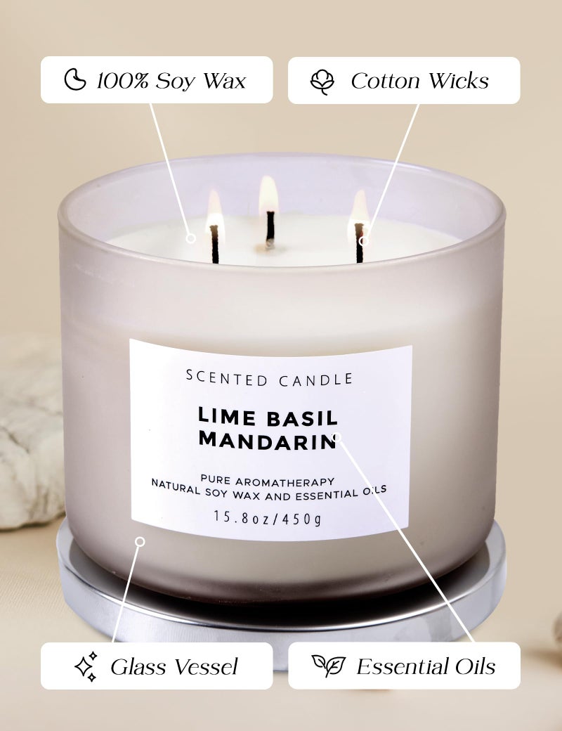 T H Lime Basil Mandarin Scented Candle - Large 3-Wick Soy Candle, 15.8 oz - Fresh Citrus Aromatherapy Candle - Long-Lasting Clean Burn - Stress Relief Candles - Gift for Women & Men - Image 5