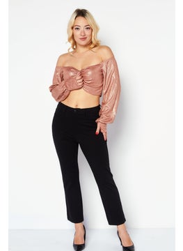 Endless Blu Women Off Shoulder Neck Long Sleeve Textured Crop Top, Bronze  - Image 2