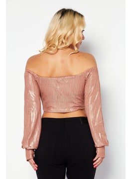 Endless Blu Women Off Shoulder Neck Long Sleeve Textured Crop Top, Bronze  - Image 4