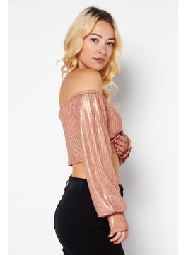 Endless Blu Women Off Shoulder Neck Long Sleeve Textured Crop Top, Bronze  - Image 3