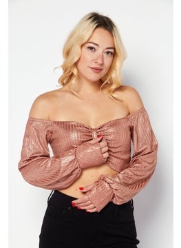 Endless Blu Women Off Shoulder Neck Long Sleeve Textured Crop Top, Bronze  - Image 1