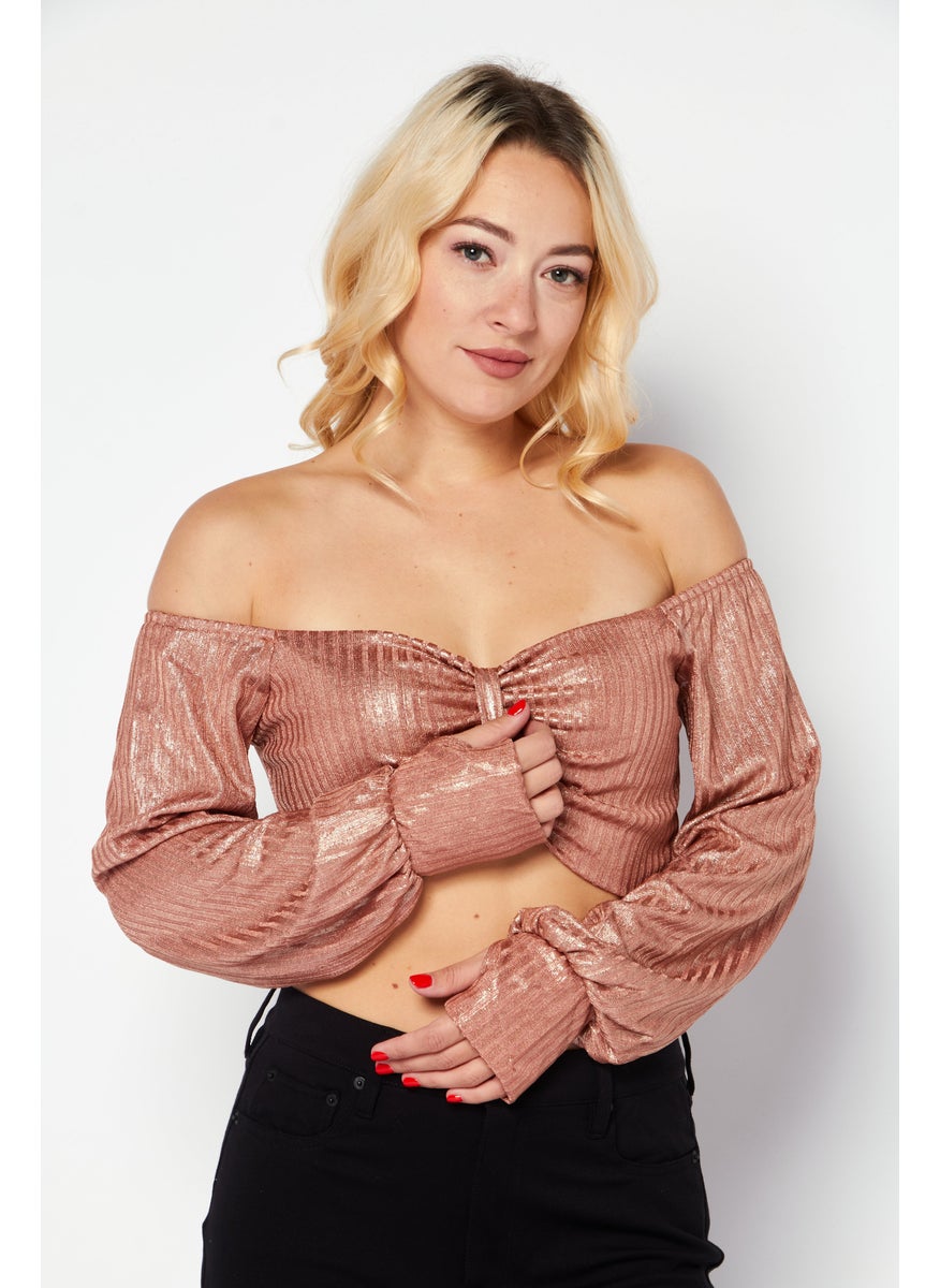 Women Off Shoulder Neck Long Sleeve Textured Crop Top, Bronze - pzsku/ZAC3D34F7AF1DC4DA8349Z/45/_/1724351197/38622933-e2b6-41cf-b29c-ab46649c911f