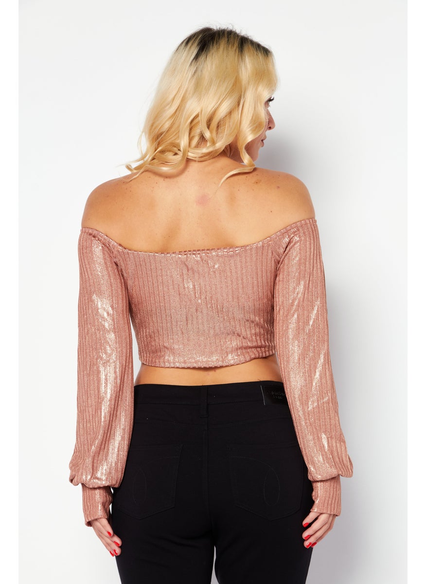 Women Off Shoulder Neck Long Sleeve Textured Crop Top, Bronze - pzsku/ZAC3D34F7AF1DC4DA8349Z/45/_/1724351210/07936bfe-03a3-4118-b4ca-4adf54a94998