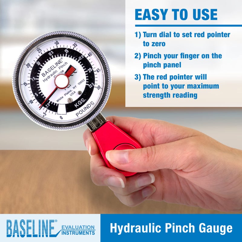 Baseline Hydraulic Pinch Gauge 50lb Capacity Hand Therapy Equipment Finger Strength Tester Physical Therapy Rehabilitation Wrist, Hand, Fingers - Red - Image 4