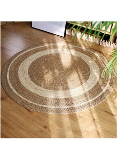 LINGWEI Hand Woven Braided Jute Area Rug Bisat Aljut Beige with Off White Line  - Image 1