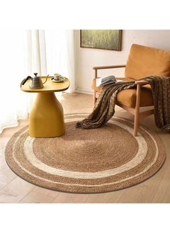 LINGWEI Hand Woven Braided Jute Area Rug Bisat Aljut Beige with Off White Line  - Image 3