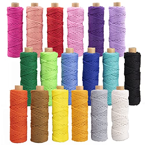 PHUNTTEK Macrame Cord 3mm x 594 Yards, 18 Rolls Natural Colored Macrame Cotton Cord Rope Kit Color Variety Macrame Jute Twine String 4 Strand Twisted for Wall Hanger Plant Hanging DIY Knitting Macrame Supplies - Image 1