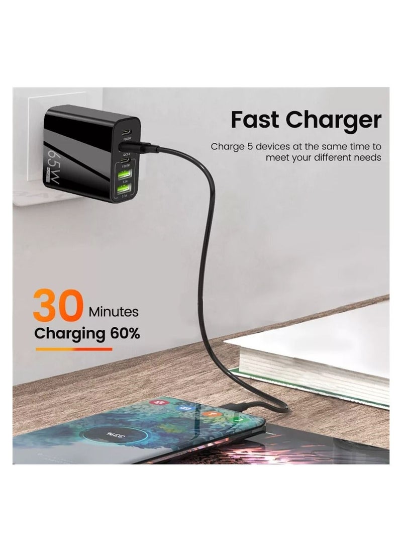 Universal 65W 5 USB Port GaN Charger USB C Power Adapter Compatible with Mobile Phones, Tablets etc.