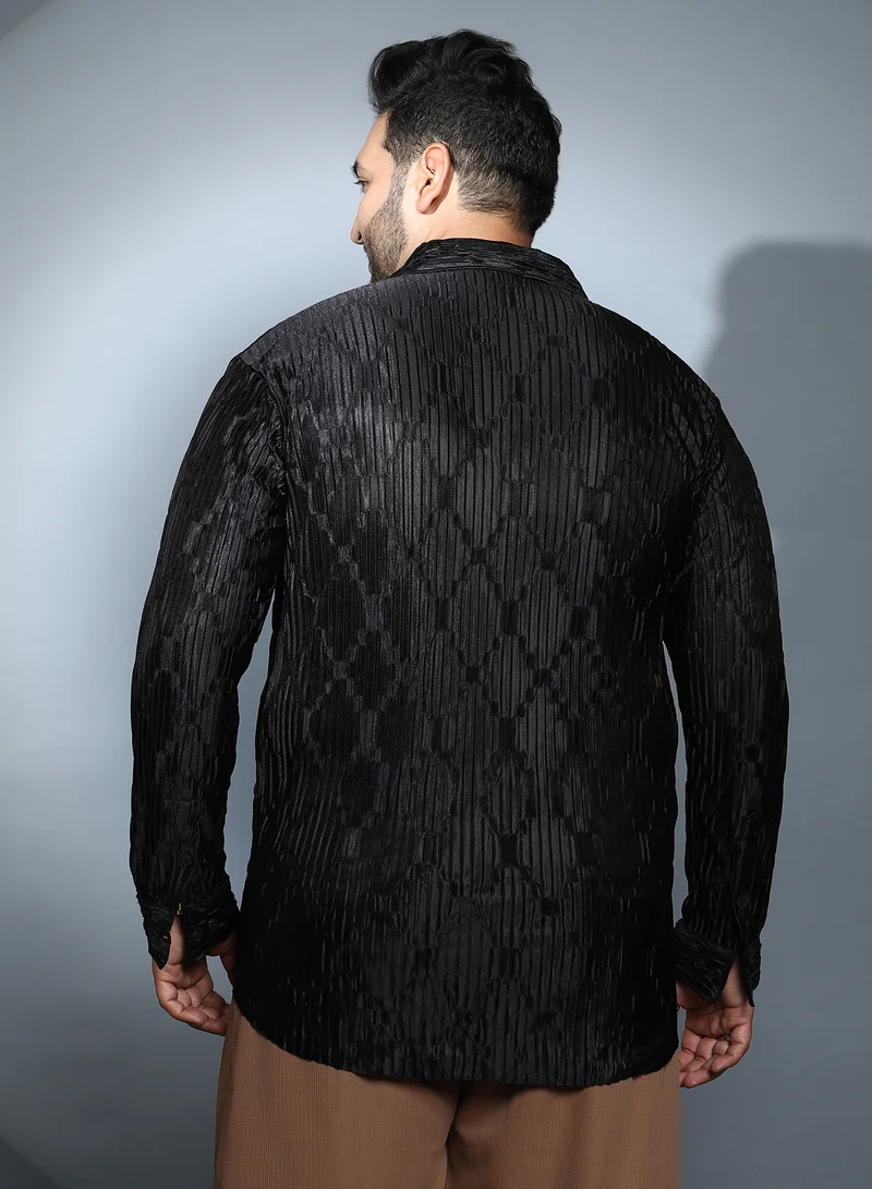 Instafab Plus Instafab Plus Men's Onyx Black Shard-Pleated Shirt For Casual Wear | Spread Collar | Long Cuffed Sleeves | Button Closure | Plus Size Shirt Crafted With Comfort Fit For Everyday Wear