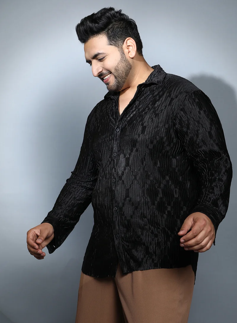 Instafab Plus Instafab Plus Men's Onyx Black Shard-Pleated Shirt For Casual Wear | Spread Collar | Long Cuffed Sleeves | Button Closure | Plus Size Shirt Crafted With Comfort Fit For Everyday Wear
