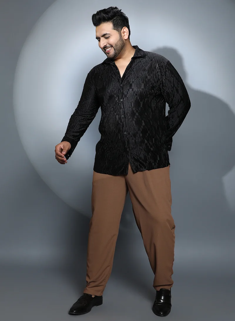 Instafab Plus Instafab Plus Men's Onyx Black Shard-Pleated Shirt For Casual Wear | Spread Collar | Long Cuffed Sleeves | Button Closure | Plus Size Shirt Crafted With Comfort Fit For Everyday Wear