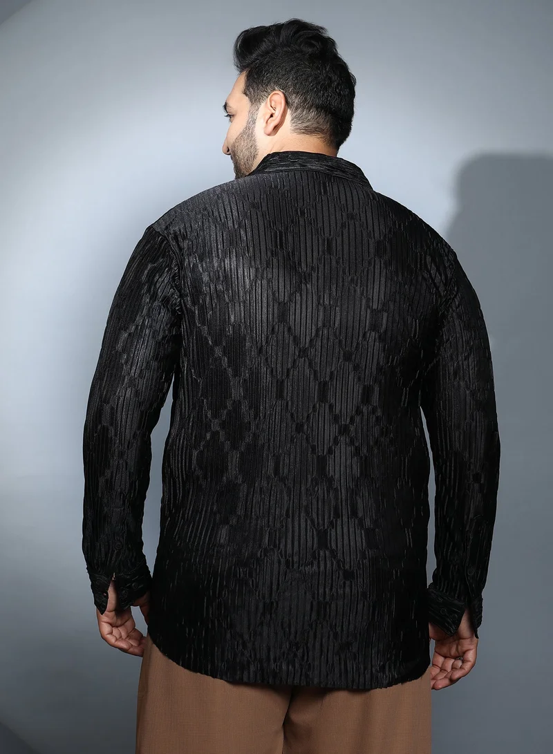 Instafab Plus  Instafab Plus Men's Onyx Black Shard-Pleated Shirt For Casual Wear | Spread Collar | Long Cuffed Sleeves | Button Closure | Plus Size Shirt Crafted With Comfort Fit For Everyday Wear for Men | Best Price UAE
