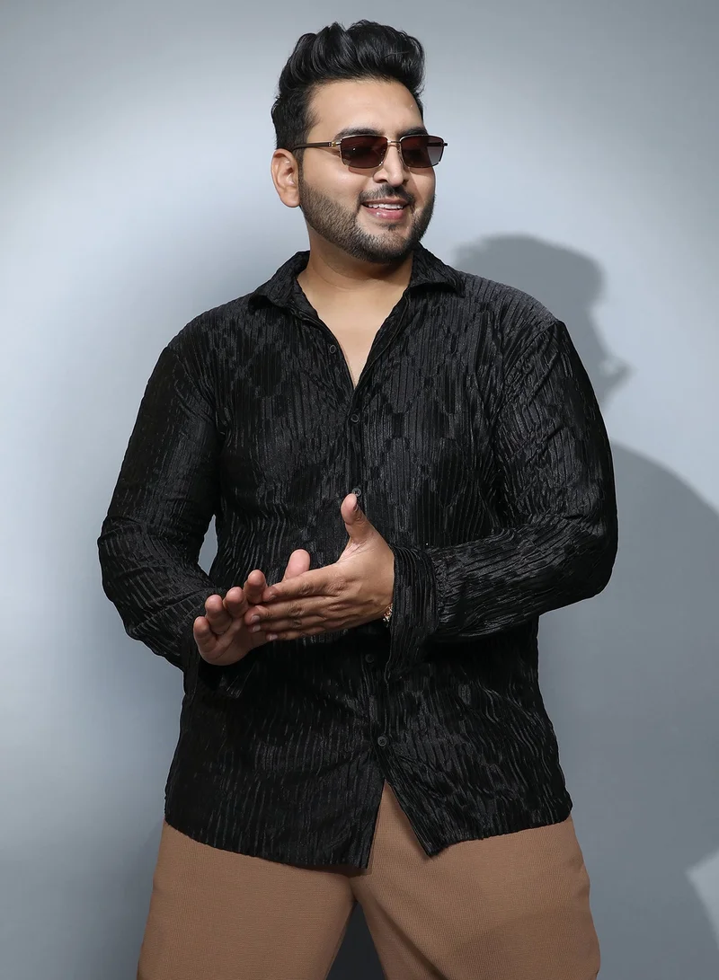 Instafab Plus Men's Onyx Black Shard-Pleated Shirt For Casual Wear | Spread Collar | Long Cuffed Sleeves | Button Closure | Plus Size Shirt Crafted With Comfort Fit For Everyday Wear