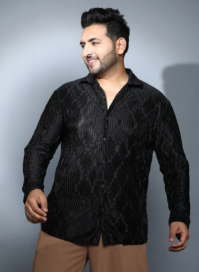 Instafab Plus Instafab Plus Men's Onyx Black Shard-Pleated Shirt For Casual Wear | Spread Collar | Long Cuffed Sleeves | Button Closure | Plus Size Shirt Crafted With Comfort Fit For Everyday Wear