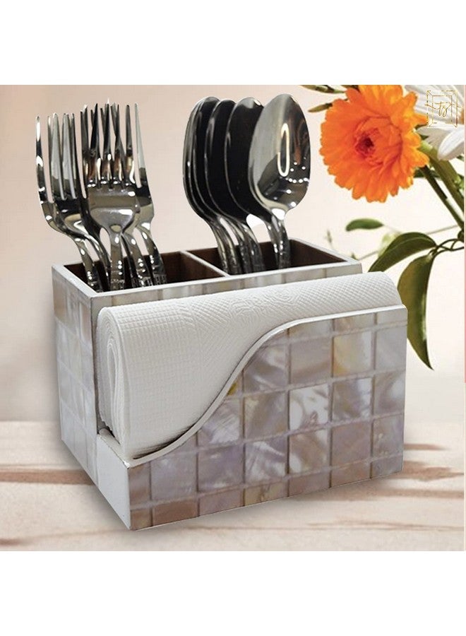 Tranquil Square | Handcrafted | Premium Finish | Glossy White Marble Design Wooden Napkin Cutlery Holder - Image 3