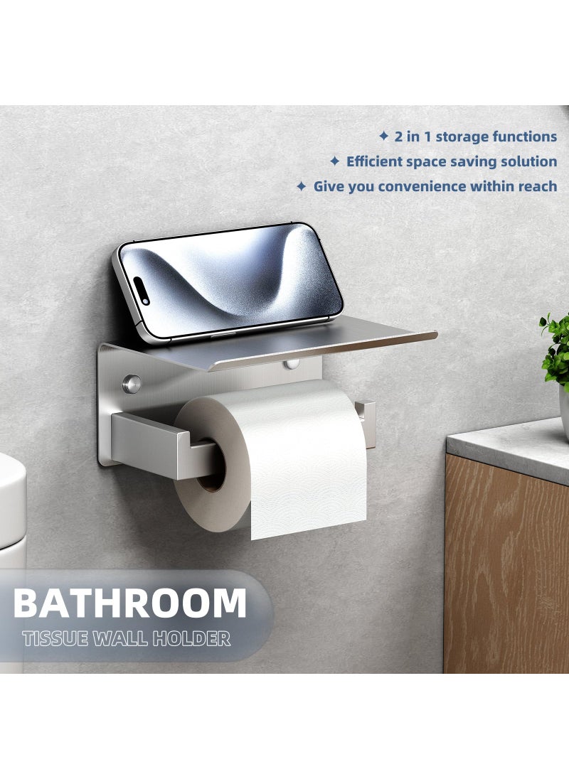 APLusee APLusee Brushed Nickel Toilet Paper Holder with Phone Shelf  304 Stainless Steel Toilet Tissue Roll Holder  Wall Mounted Bathroom Paper Roll Dispenser  - Image 2