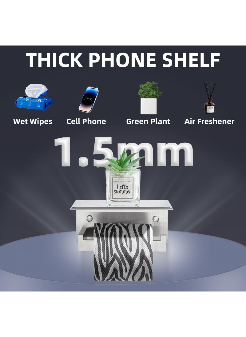 APLusee APLusee Brushed Nickel Toilet Paper Holder with Phone Shelf  304 Stainless Steel Toilet Tissue Roll Holder  Wall Mounted Bathroom Paper Roll Dispenser  - Image 3
