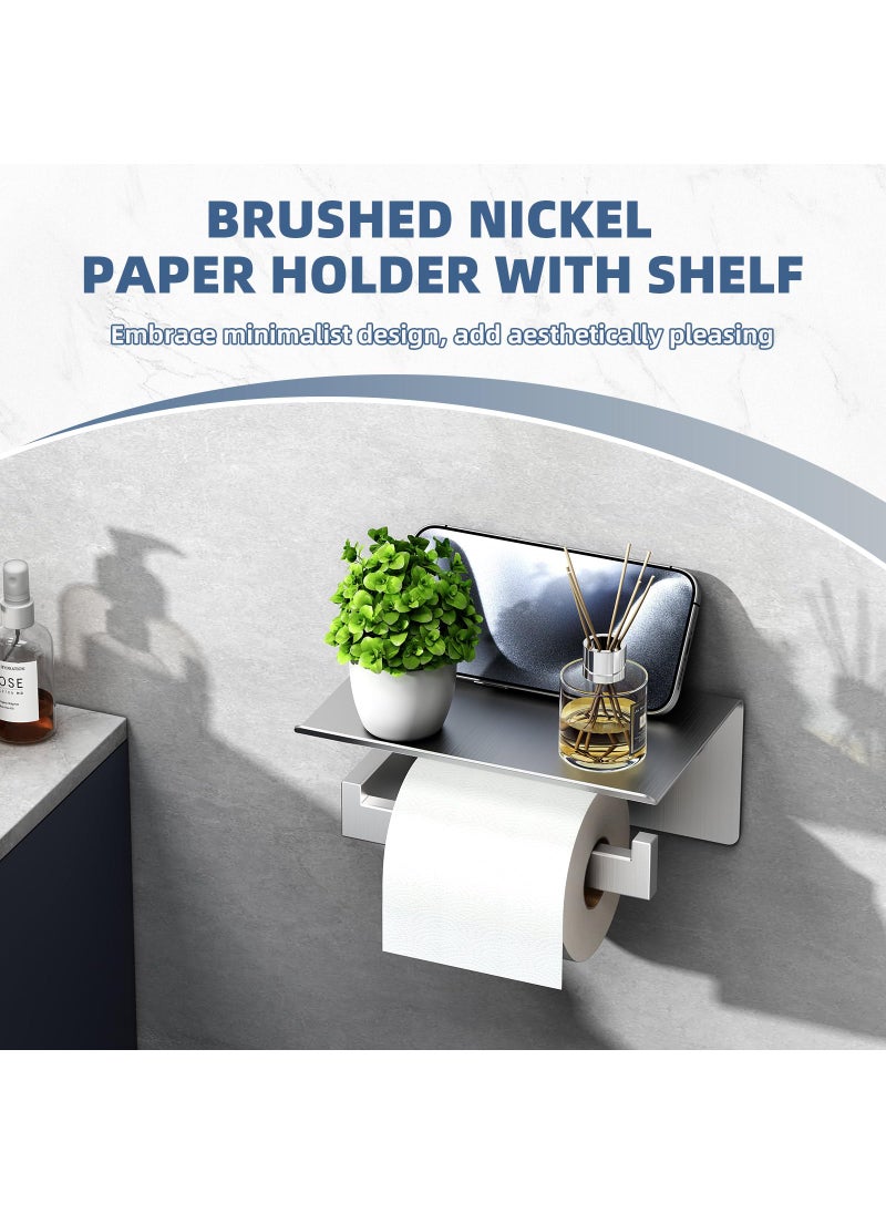 APLusee APLusee Brushed Nickel Toilet Paper Holder with Phone Shelf  304 Stainless Steel Toilet Tissue Roll Holder  Wall Mounted Bathroom Paper Roll Dispenser  - Image 5