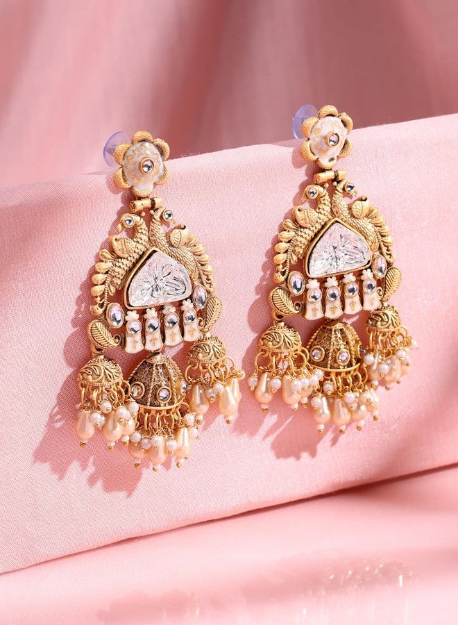 ADIVA 22K Gold-Plated Maroon Onyx & Kundan with Pearl Beads Meenakari Designer Jhumka Earrings Set for women, Traditional Stylish Jhumka for Girls Party, Wedding, Festive - Image 4