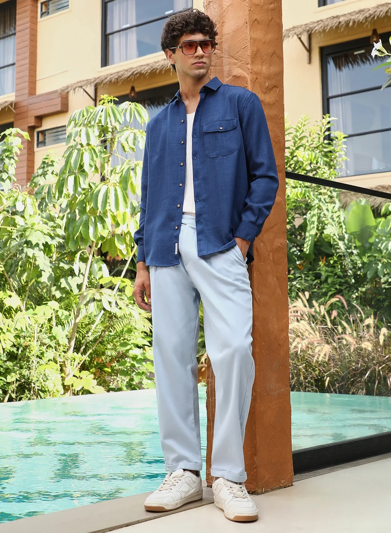 CAHOOT  Men's Midnight Blue Solid Dobby Regular Shirt for Men | Best Price UAE