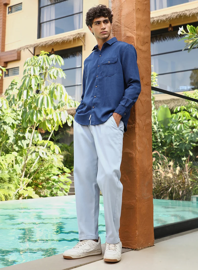 CAHOOT  Men's Midnight Blue Solid Dobby Regular Shirt for Men | Best Price UAE