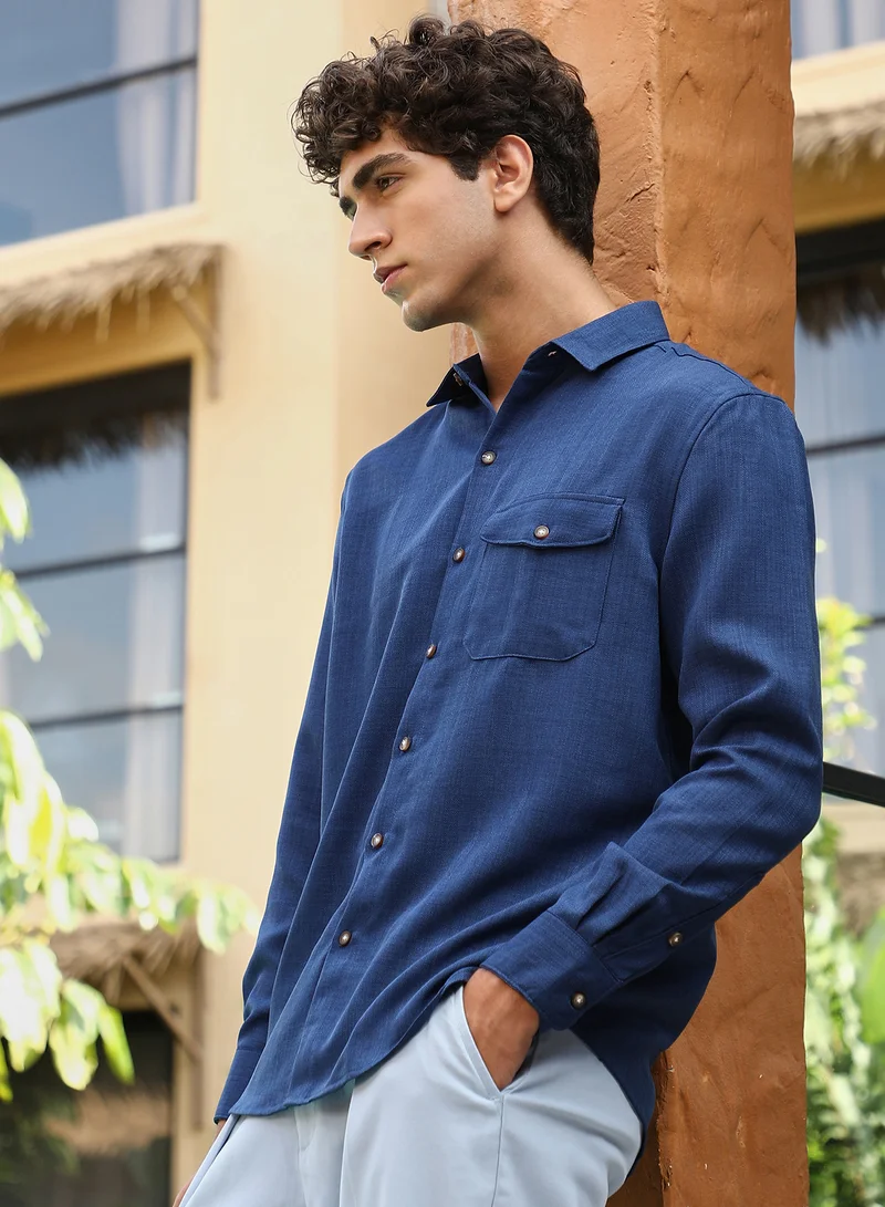 CAHOOT  Men's Midnight Blue Solid Dobby Regular Shirt for Men | Best Price UAE