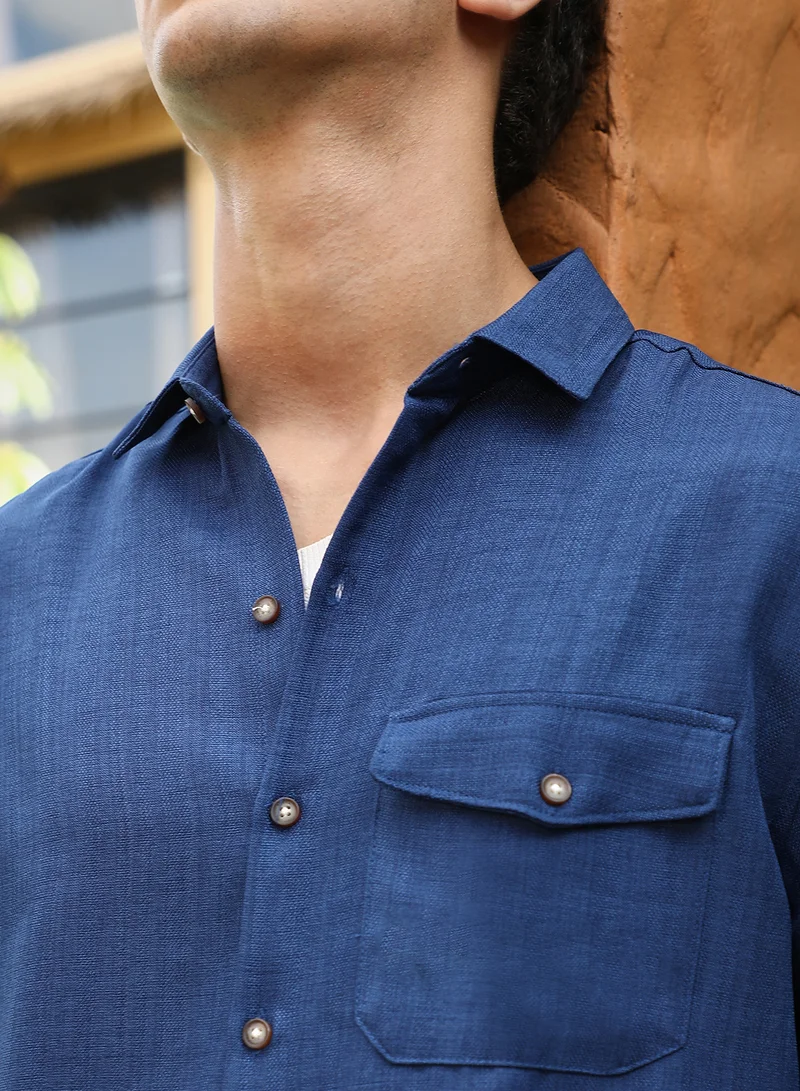 CAHOOT  Men's Midnight Blue Solid Dobby Regular Shirt for Men | Best Price UAE