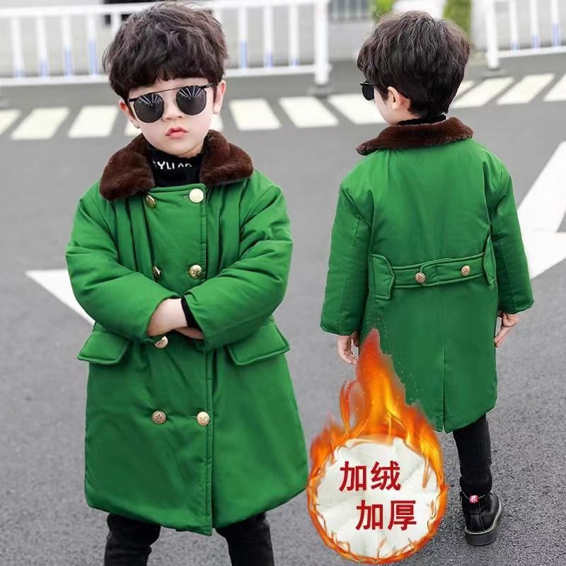 Children'S Army Green Coat Cotton And Thickening Warm Mid-Length Northeast Green Cotton-Padded Coat Boys' Coat Winter Cotton-Padded Coat Fleece-Lined