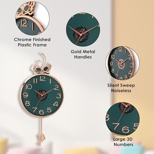 De'rons Silent Stylish Pendulum Wall Clock with Swan Emblem lolak Big Wall Clock with Pendulum for Living Room Bedroom Home Decor Gift Decorative Clocks 35 x 76 cm DC-2289PD (Green) - Image 2