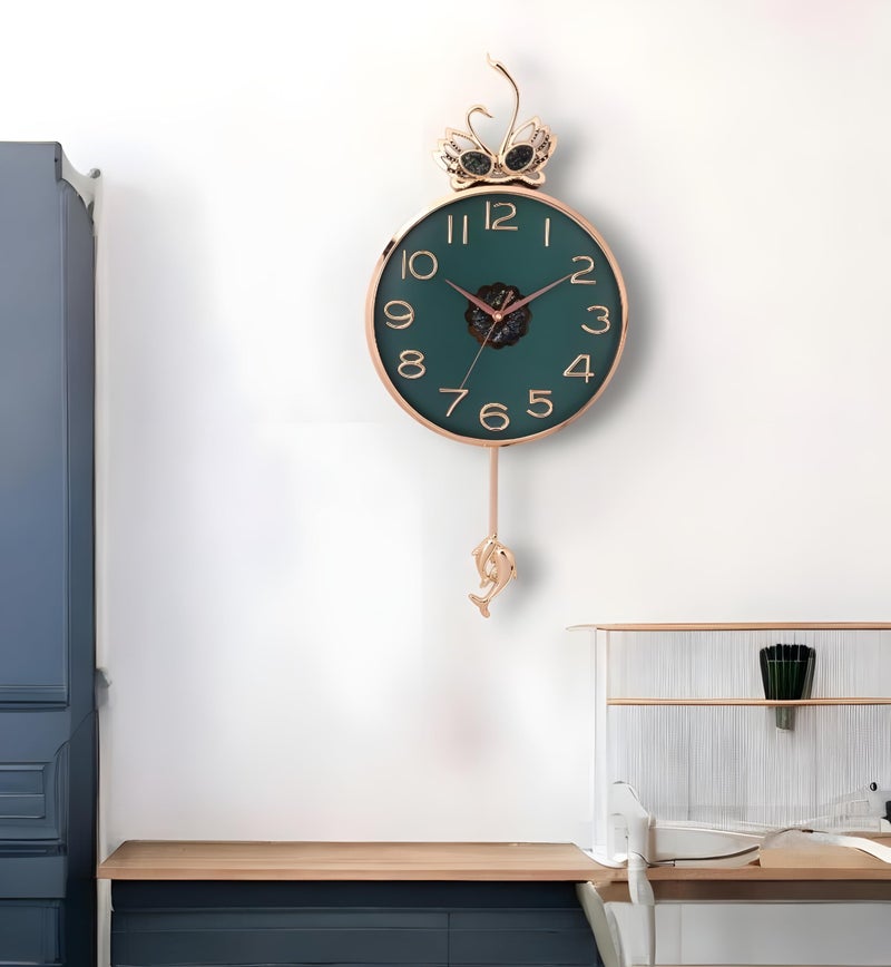 De'rons Silent Stylish Pendulum Wall Clock with Swan Emblem lolak Big Wall Clock with Pendulum for Living Room Bedroom Home Decor Gift Decorative Clocks 35 x 76 cm DC-2289PD (Green) - Image 1