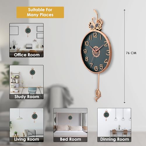 De'rons Silent Stylish Pendulum Wall Clock with Swan Emblem lolak Big Wall Clock with Pendulum for Living Room Bedroom Home Decor Gift Decorative Clocks 35 x 76 cm DC-2289PD (Green) - Image 3