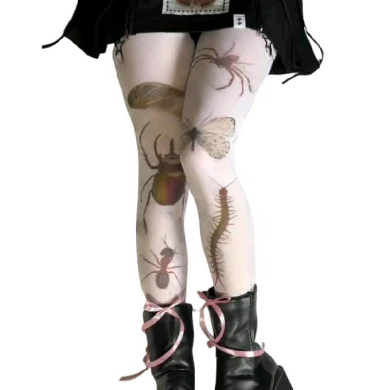 JOLILUNA Whimsy Twee Bug Print Funky Tights (white-2,One Size) - Image 4
