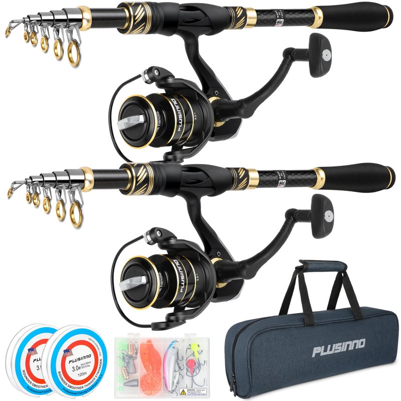 PLUSINNO Fishing Pole Fishing Rod and Reel ComboTelescopic Fishing Rod Kit with Spinning Reel Collapsible Portable Fishing Pole with Carrier Bag for Freshwater Saltwater Fishing Gifts for Men Women