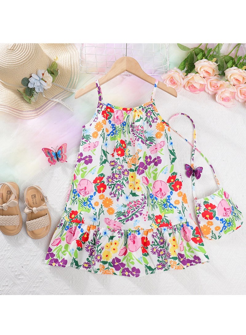 3Y Baby Girl Toddler Dress, Floral Print Sleeveless Summer Dress with Ruffled Hem, Matching Mini Purse, Perfect for Playdates, Summer Outings, and Family Gatherings - Image 1