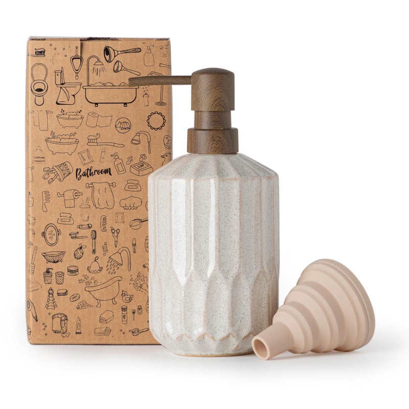 FE FUN ELEMENTS Fun Elements Bathroom Soap Dispenser, 16 Oz Luxurious Hand soap Dispenser for Bathroom, Ceramic Liquid Soap Dispenser for Bathroom Countertop with Plastic Pump, Silicone Funnel (Wooden Color Pump) - Image 1