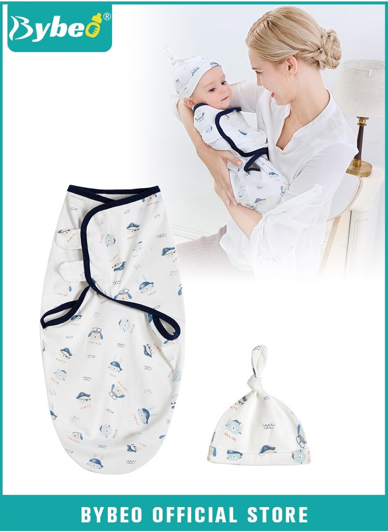 Bybeo Baby Swaddle Blanket Wrap Cap Set Newborn Infant Sleep Sack With Caps 100% Breathable Cotton 0-4 Month  - Image 1