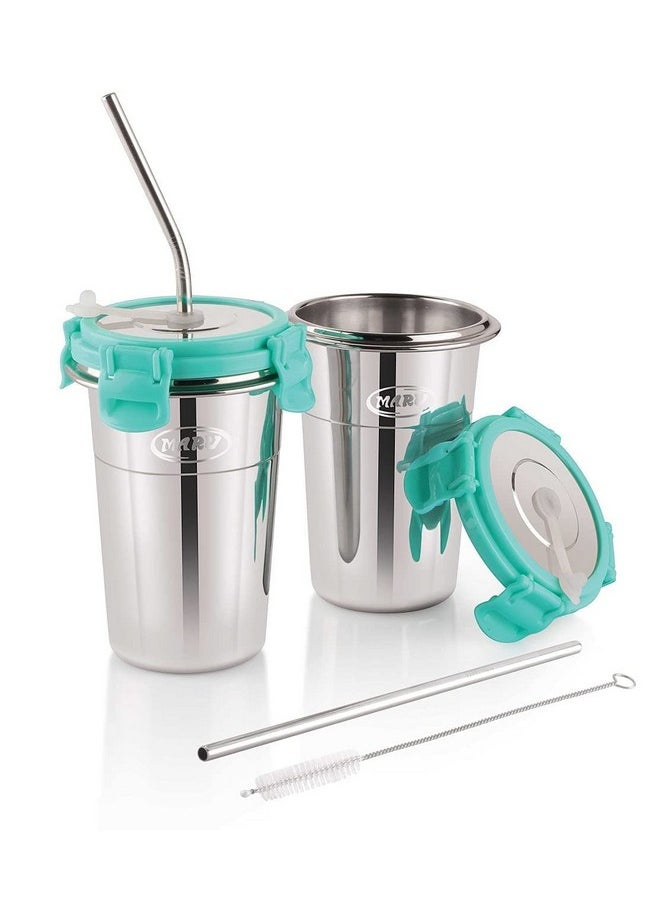 MARU MARU Stainless Steel Tumbler with Silicon Aperture Steel Lid Leak Proof Set of 2 pcs with 2 Straws 1 Brush | Glass Tumbler Steel lid | Steel Glass with Lid Capacity 400ML (Sea Green)  - Image 1