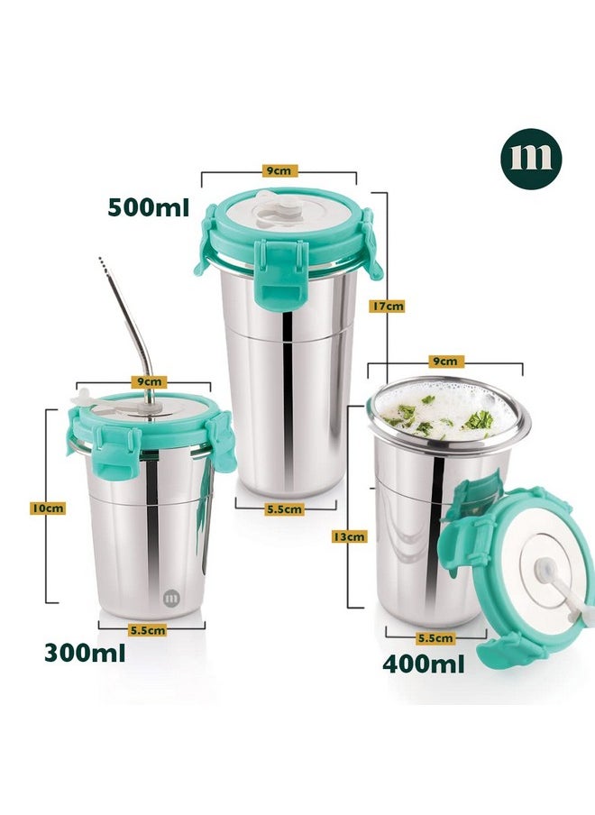 MARU MARU Stainless Steel Tumbler with Silicon Aperture Steel Lid Leak Proof Set of 2 pcs with 2 Straws 1 Brush | Glass Tumbler Steel lid | Steel Glass with Lid Capacity 400ML (Sea Green)  - Image 2