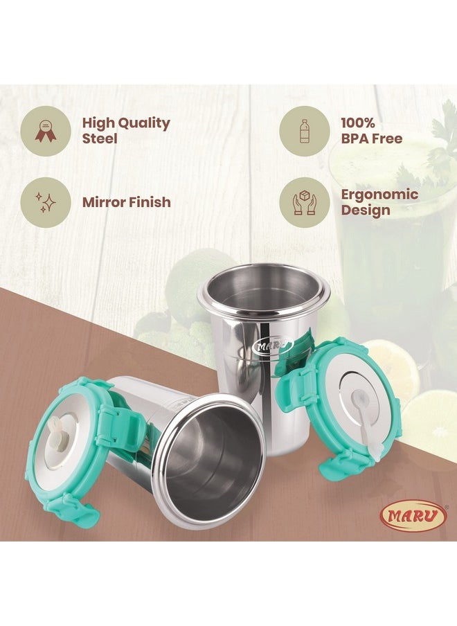 MARU MARU Stainless Steel Tumbler with Silicon Aperture Steel Lid Leak Proof Set of 2 pcs with 2 Straws 1 Brush | Glass Tumbler Steel lid | Steel Glass with Lid Capacity 400ML (Sea Green)  - Image 5