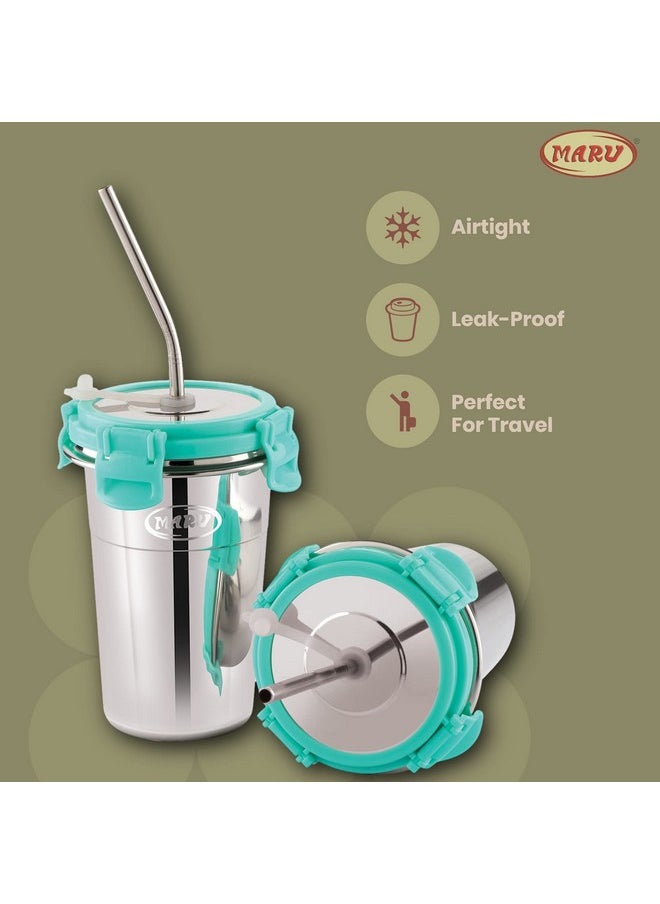 MARU MARU Stainless Steel Tumbler with Silicon Aperture Steel Lid Leak Proof Set of 2 pcs with 2 Straws 1 Brush | Glass Tumbler Steel lid | Steel Glass with Lid Capacity 400ML (Sea Green)  - Image 4