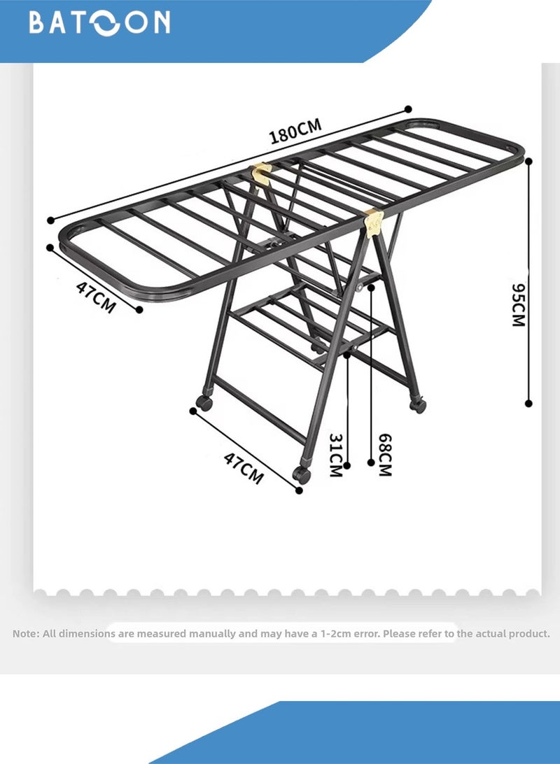 باتون رف تجفيف ملابس قابل للطي مع 4 رفوف للأحذية (مقاس كبير جدًا 180 سم)، مصنوع من مواد سميكة، رف غسيل قابل للطي بثلاث طبقات، رف تجفيف قائم بذاته بثلاثة رفوف تجفيف قابلة لتعديل الارتفاع، مقاوم للرياح، للاستخدام الداخلي والخارجي - Image 4