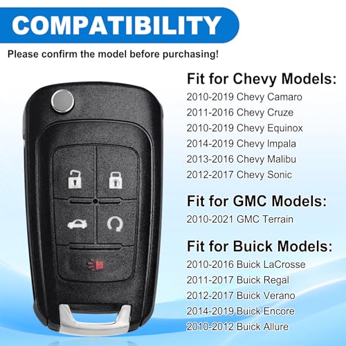 CAUORMOTE Key Fob Replacement for Chevy: 2 Pack Flip Key Fob for 2013-2016 Chevy Malibu Sonic Cruze Camaro Equinox Impala, Buick GMC, Keyless Entry Remote Control OHT01060512, V2T01060512, V2T01060514, 315Mhz - Image 2