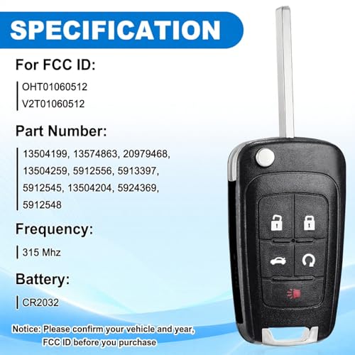 CAUORMOTE Key Fob Replacement for Chevy: 2 Pack Flip Key Fob for 2013-2016 Chevy Malibu Sonic Cruze Camaro Equinox Impala, Buick GMC, Keyless Entry Remote Control OHT01060512, V2T01060512, V2T01060514, 315Mhz - Image 3