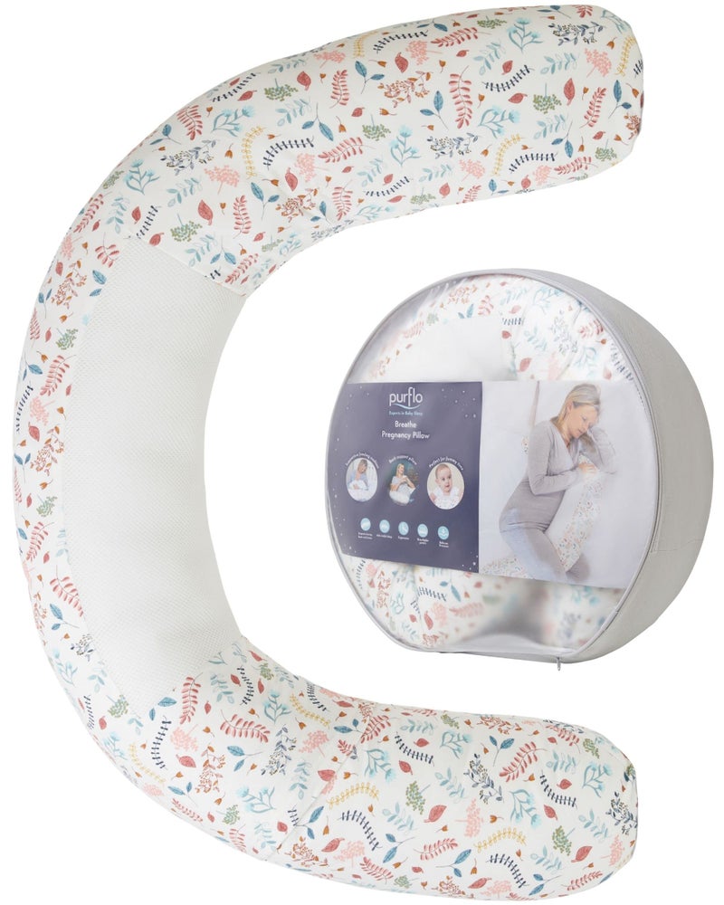 PurFlo Breathe Pregnancy Pillow  Revolutionary Fully Breathable Maternity Pillow With Luxurious Soft Jersey Cover  Use as Body Pillow Leg Pillow Nursing Pillow  Tummy Time Pillow  Botanical