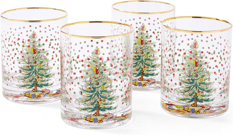 Spode Christmas Tree 14 Fl Oz Double Old Fashion Glass Set of 4 Polka Dot  Whiskey  Bourbon Glasses for Festive Entertaining OldFashioned  Rocks Glasses for Holiday Drinks - Image 1