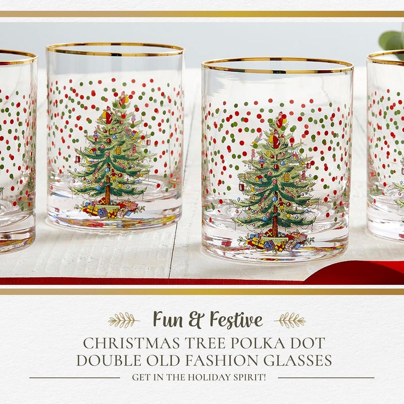Spode Christmas Tree 14 Fl Oz Double Old Fashion Glass Set of 4 Polka Dot  Whiskey  Bourbon Glasses for Festive Entertaining OldFashioned  Rocks Glasses for Holiday Drinks - Image 2