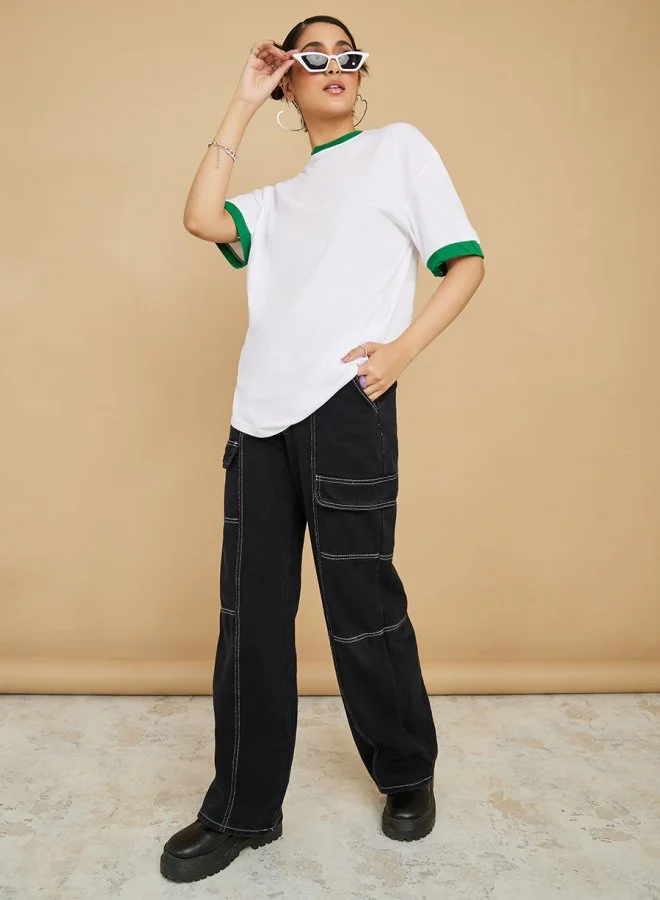 Styli Oversized Drop Sleeve Longline T-Shirt with Contrast Rib