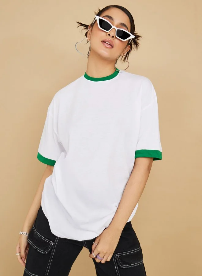 Styli Oversized Drop Sleeve Longline T-Shirt with Contrast Rib