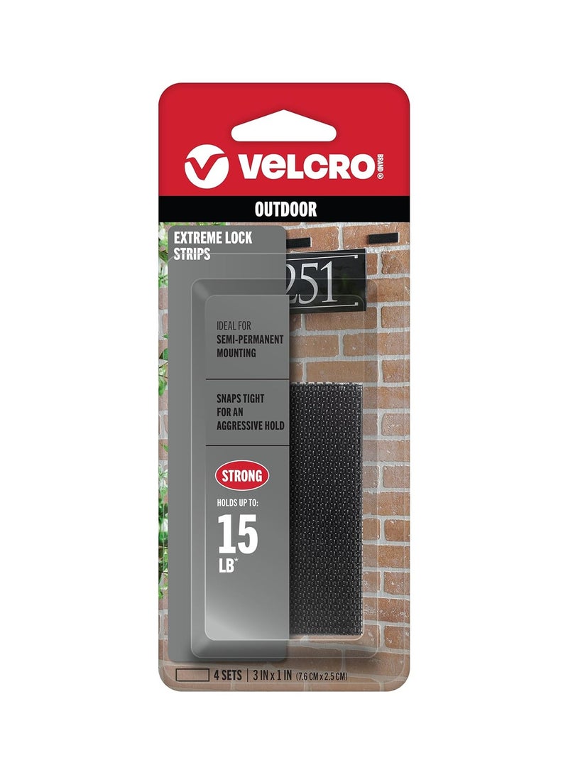 VELCRO Brand Extreme Lock Mounting Strips with Adhesive. Water and UV Resistant, Holds 15 lbs. 4 sets 3 x 1 Inch, Black. Powerful Attachment for Signage, Electronic Devices Indoors or Outdoors   3 x 1 inch strips, 4 sets